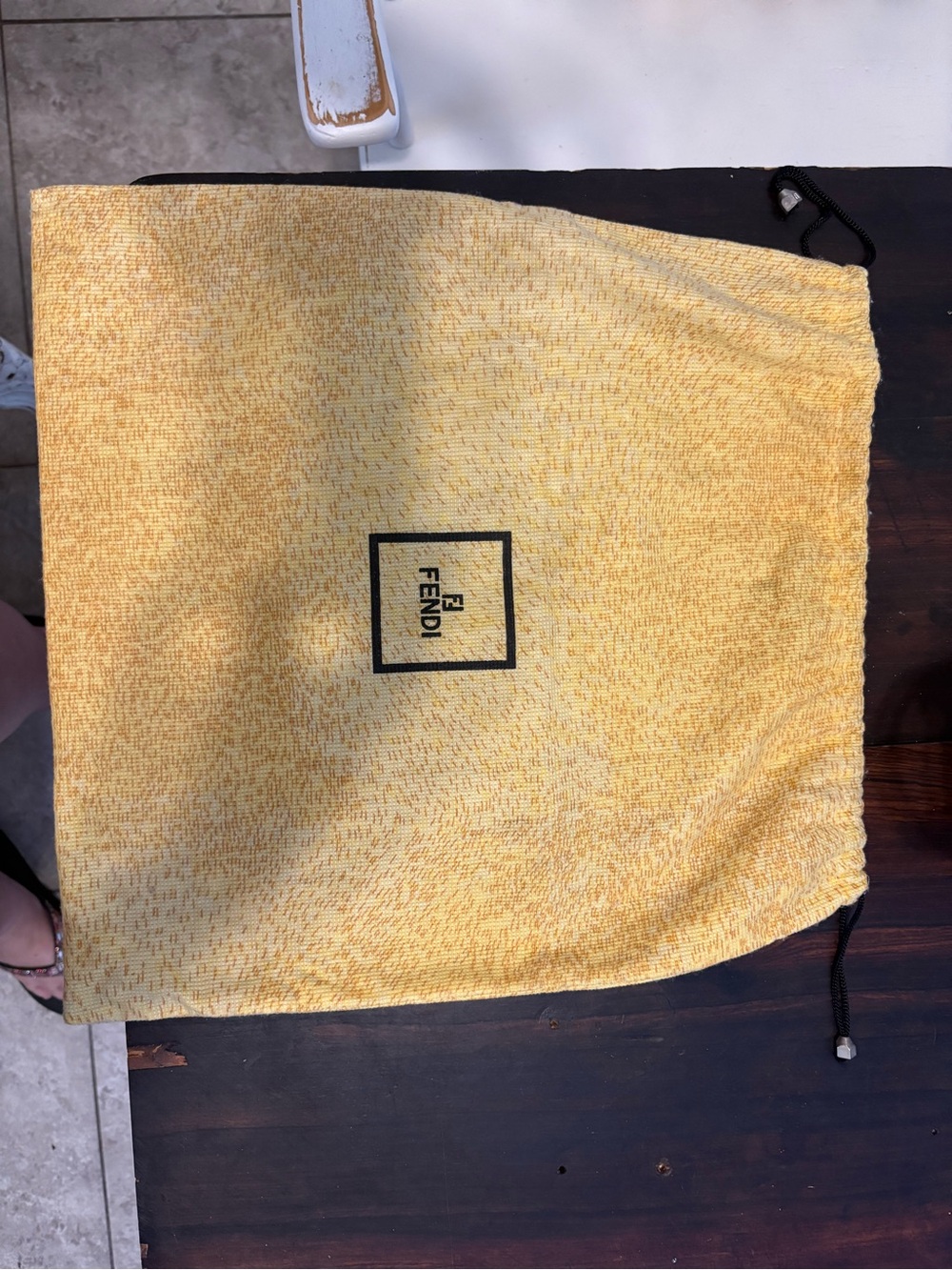 Fendi Yellow Textured Drawstring Dust Pouch with Black Logo